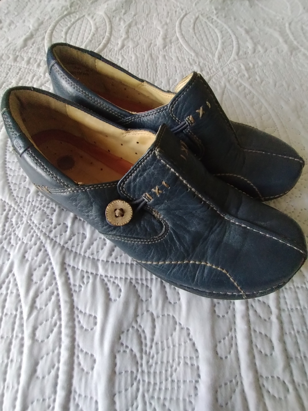 Clarks Navy Blue Leather Slip-On Loafers with Button Accent